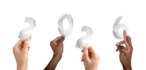 2026 new year celebration. Multiethnic team raising hands with metallic silver numbers, festive