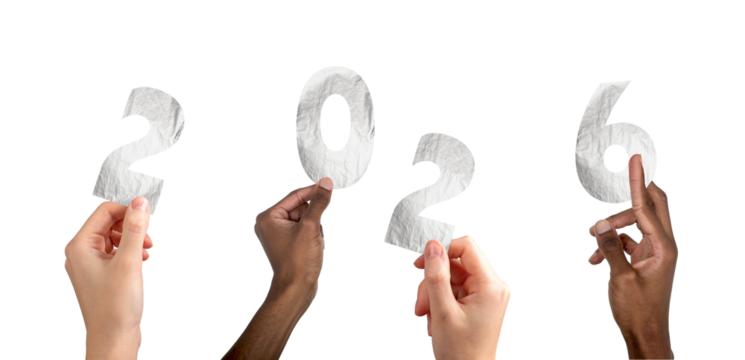 2026 new year celebration. Multiethnic team raising hands with metallic silver numbers, festive