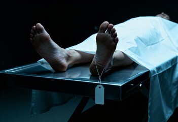 Covered body on a metal table in a morgue with a toe tag visible. Concept of death, investigation, and forensic science.