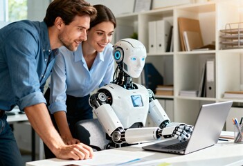 Humanoid robot working with two colleagues in modern office using a laptop. Concept of artificial intelligence, teamwork, and innovation.