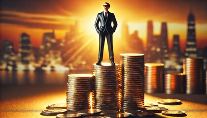 A miniature businessman figurine in a formal black suit and tie standing confidently atop an even larger stack of coins, symbolizing immense financial