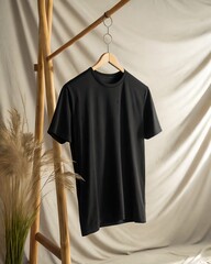 Professional Hanging Black T-Shirt Mockup – Linen Background Fashion Display