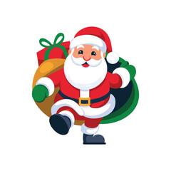 Cute Cartoon Santa Claus Carrying a Big Sack of Christmas Gifts on White Background