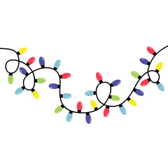 Christmas lights banner. Colorful string fairy light. Lightbulb hanging glowing garland. Cartoon decoration greeting card template. Xmas sign symbol. Simple flat design. White background. Vector