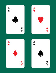 Playing card set. Poker cards suits. Four aces icon. Hearts, clubs, diamonds, spades ace. Winning poker hand. Las Vegas Casino gambling concept. Simple flat design. Green table background. Vector