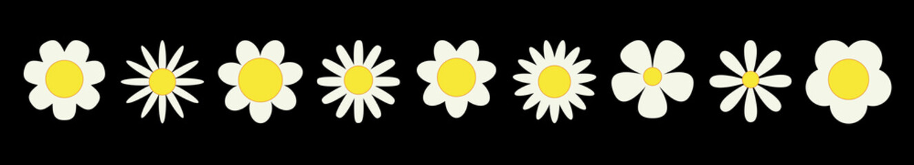 Daisy Camomile icon set line. Black yellow chamomile silhouette set. Simple different shape. Cute round flower plant collection. Growing concept. Flat design. Love card symbol. White background Vector