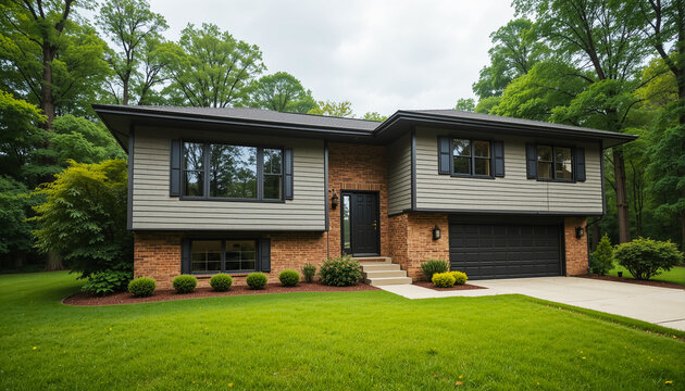Modern split level house with attached garage surrounded by lush green trees