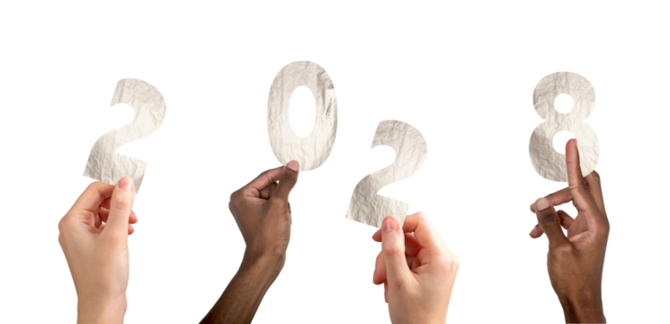 2028 new year celebration concept. Multiethnic group raising hands forming numbers and letters,