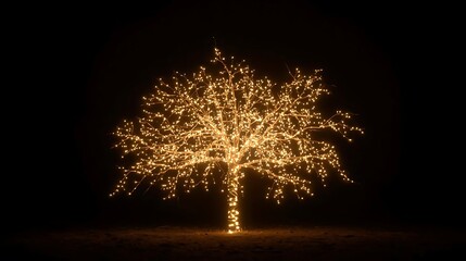 Magical Glowing Tree Adorned with Countless Warm Golden Lights Against a Dark Night Sky