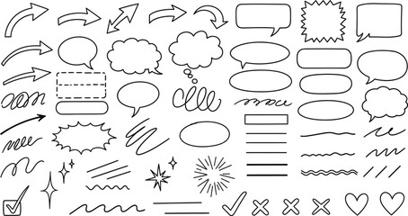 Hand Drawn Arrows, Speech Bubbles, Doodle Elements Isolated on Transparent Background