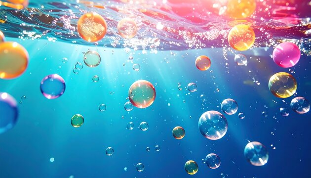 An underwater scene with multi-colored, translucent spheres floating amidst sunlit water and bubbles. Light rays penetrate