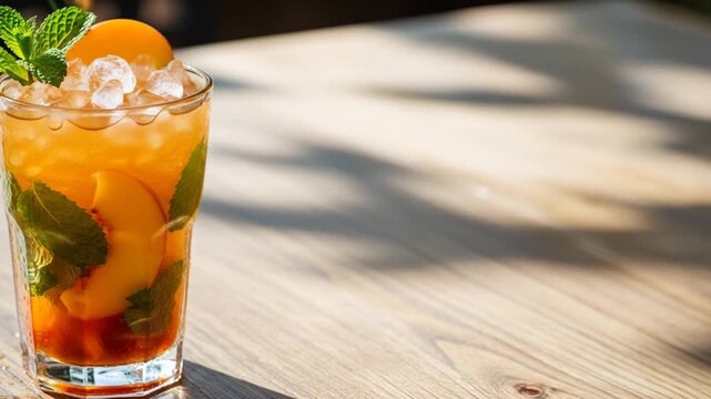 Refreshing peach elixir Mint ice  fruit meet in sunlit glass