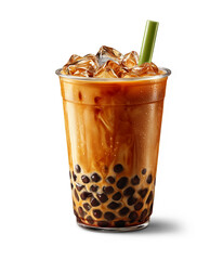 Tall glass of iced bubble tea with tapioca pearls and green straw.