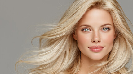 Naklejka premium Glamorous blonde woman portrait with flowing hair and soft studio lighting.