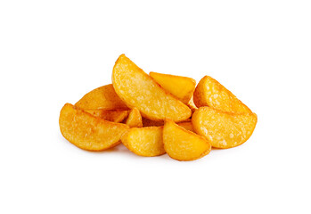 Crispy golden potato wedges served on a white background for a tasty snack