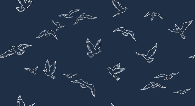 Hand-drawn flying birds, including doves and seagulls, in a seamless white line art pattern on a dark blue background.