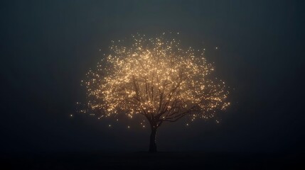 Enchanted Glowing Tree Emitting Warm Light in a Mysterious Dark Forest Atmosphere