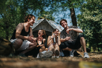 A cheerful group of friends sits and jokes near a camping tent in a lush forest, enjoying outdoors, drinks, and a relaxed, carefree camping day.