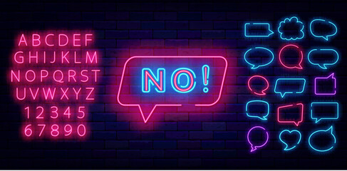 No neon label. Denial and fail. Online chat message. Shiny pink alphabet. Speech bubble frames. Vector stock illustration
