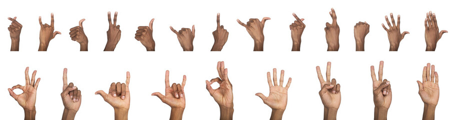 Finger gesture set. Dark-skinned male hand showing various signs like heart, peace, ok, thumb up and