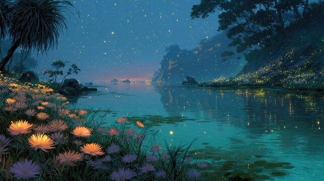 A dreamy Anime background or wallpaper of a starlit lake bioluminescent plants illuminating the waters edge
