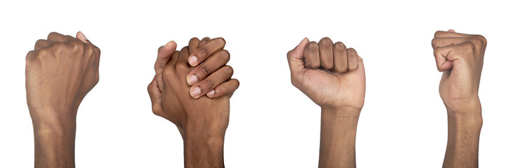 Fist raised up. Dark-skinned male showing clenched hand in strong pose symbolizing power, protest,
