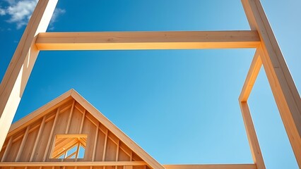 House construction framing with wooden structure against blue sky.