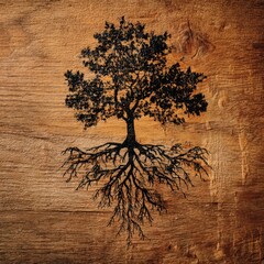 Silhouetted tree with extensive roots on a wooden surface.