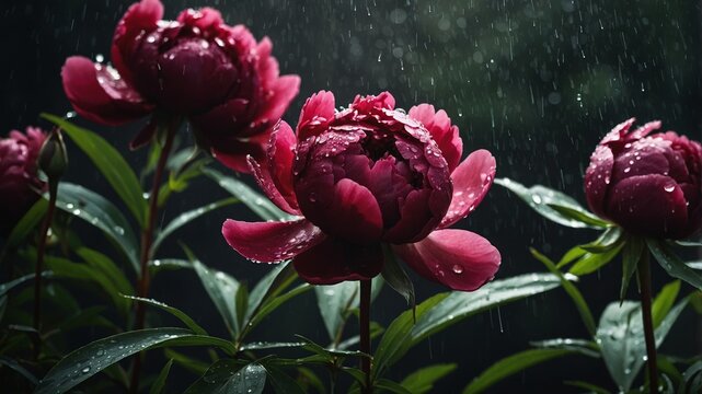 Raindrops on ruby red peonies creating a delicate floral portrait, romantic garden feel