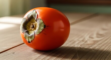 Close-up of a ripe persimmon fruit on a wooden surface.
