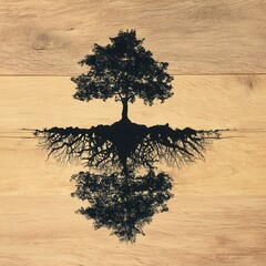 Silhouetted tree with roots reflected on light wood.