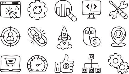 Hand Drawn Digital Marketing and SEO Line Icons Set – Business Growth and Web Development Symbols