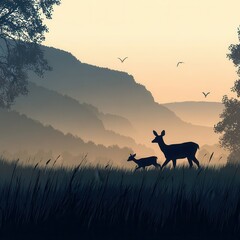Silhouette of deer in a landscape at sunrise.