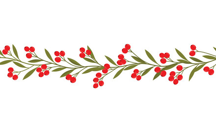 A festive botanical border features a vibrant row of red berries and green leaves on a delicate branch, perfect for seasonal designs.