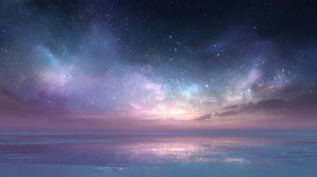 calm starry night over tranquil ocean, soft nebula glow, dreamlike and serene atmosphere, pastel colors, minimalistic cosmic landscape