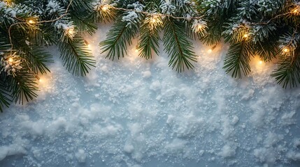 Festive Winter Evergreen Branches Adorned with Warm Lights and Delicate Snowflakes Create a Cozy Holiday Atmosphere