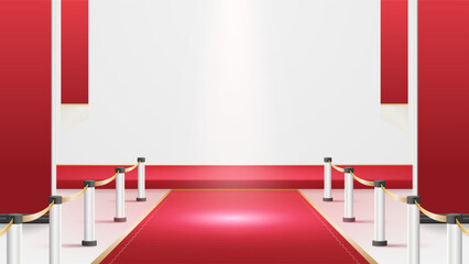 Luxury red carpet background with spotlight and golden rope barriers. Elegant event podium or award ceremony backdrop for VIP, celebration, or glamorous gala presentation
