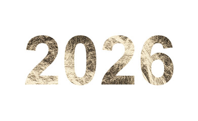 Golden metallic 2026 number with bold textured foil shine. Festive typography design for New Year