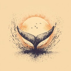 Whale tail emerging from a splash of sunset.