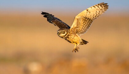 Fototapeta premium An owl with mottled feathers takes flight against a blurred background of a savanna landscape. The bird is captured in mid-air