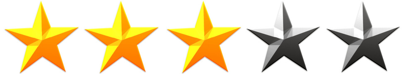 Obraz premium 3D three-star rating design with three yellow stars and two dark grey stars isolated on white background. Realistic and glossy review concept representing average feedback, balanced evaluation