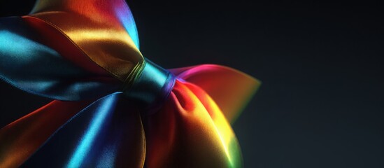 close up of a large silky bow made of vibrant rainbow ribbon, glossy texture, dark minimalistic background, cinematic lighting emphasizing folds