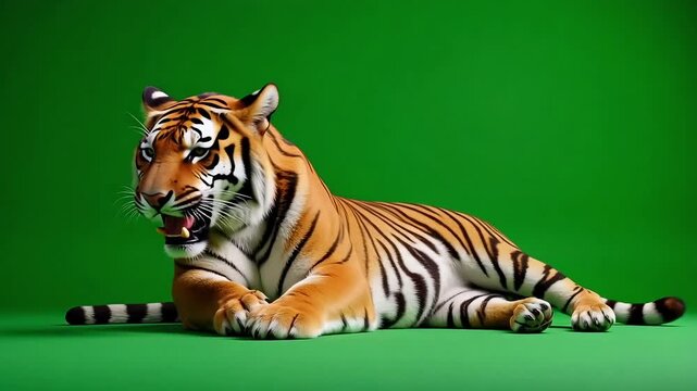 Roaring tiger laying down on green screen looks fierce and ready to pounce in wildlife video
