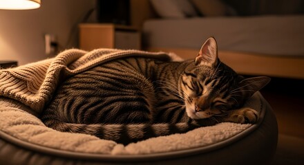 A cozy brown tabby cat sleeping peacefully in its bed under a warm knitted blanket in a dimly lit room.