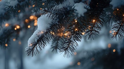 Winter Snow Covered Pine Branches With Twinkling Lights Displaying The Magic Of The Season