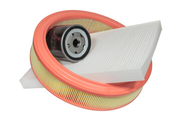 Automotive air and oil filters on a white background