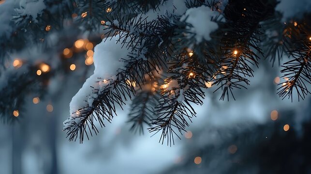 Winter Snow Covered Pine Branches With Twinkling Lights Displaying The Magic Of The Season