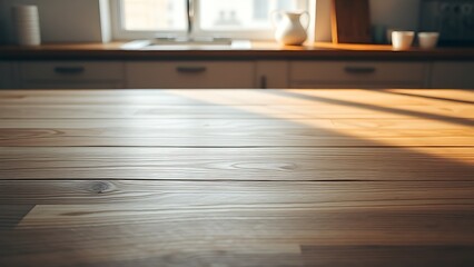 A wooden table showcases subtle grain patterns under soft, gradient kitchen light.