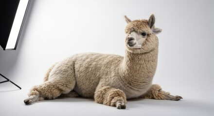 Obraz premium Alpaca rests on white backdrop, near studio lighting