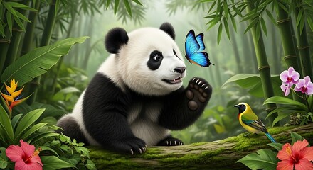 A cute panda sitting in a lush green forest, reaching for a blue butterfly with a friendly expression.